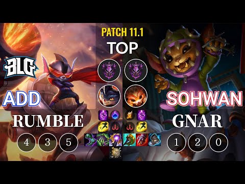 BLG ADD Rumble vs SoHwan Gnar Top - KR Patch 11.1
