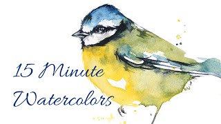 Easy Watercolor Bird Tutorial - 15 Minute Blue Tit Painting - Loose watercolors with details