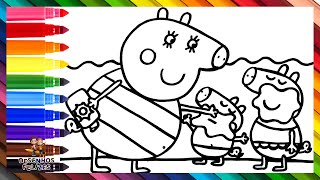 Desenhar e Colorir Peppa Pig, George Pig e Mamãe Pig na Praia 🐷🐷🐷🧴🌞🏖️ Desenhos para Crianças