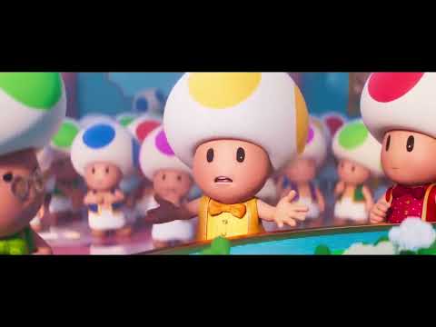 Official trailer frame from The Super Mario Bros. Movie showing Mario and Peach overlooking the Mushroom Kingdom