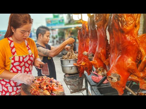 Mouthwatering with delicious crispy roasted pork skin, a street food in Cambodia.