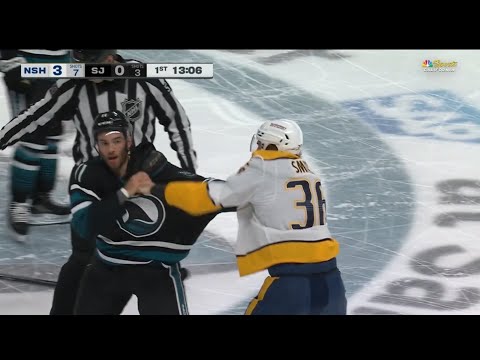 All fights from the first period of the Nashville predators vs San Jose Sharks game
