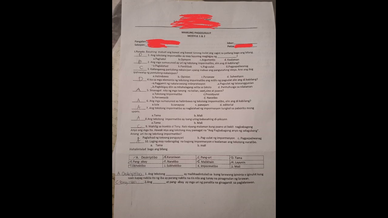 Pagbasa at Pagsusuri(maikling pagsusulit modyul 1 and 2)answer key