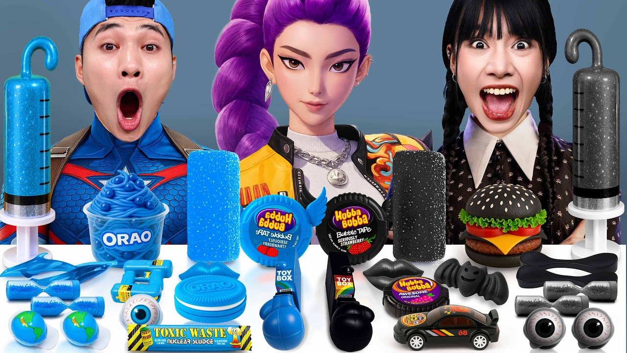 青い食べ物 VS 黒い食べ物チャレンジ | ASMRキャンディモッパン Spiderman VS Wednesday