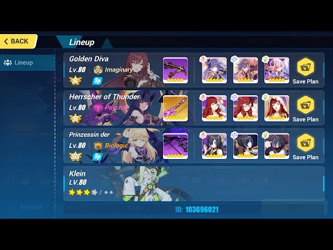 Honkai Impact 3: Nirvana Abyss D450: RPC(Lightning) 750: GD(SS) HoT(SS0, 0 Affixes) PV(SSS) Klein 3*