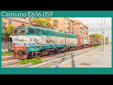 E656.059 caimano di Mercitalia in transito a Roma Ostiense con Shimmns e telescopici