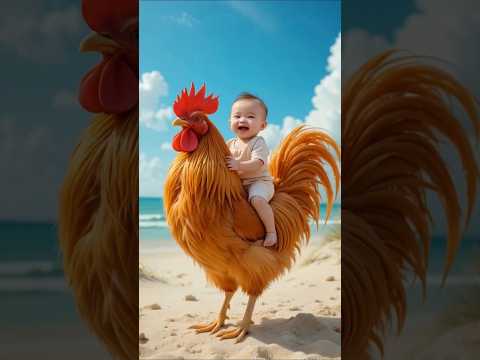 "Un bébé adorable chevauche un coq géant sur la plage - le moment le plus mignon de tous les temps !"