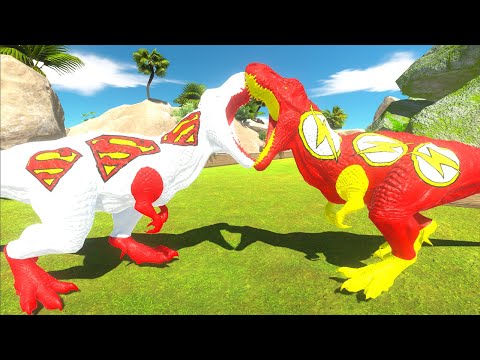 WHITE SUPERMAN T-REX VS FLASH T-REX DEATH RUN - Animal Revolt Battle Simulator