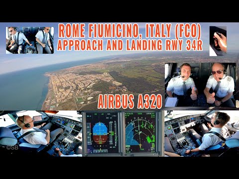 ROME (FCO) | Pilots + cockpit view of an Airbus A320 approach and landing runway 34R | + charts view