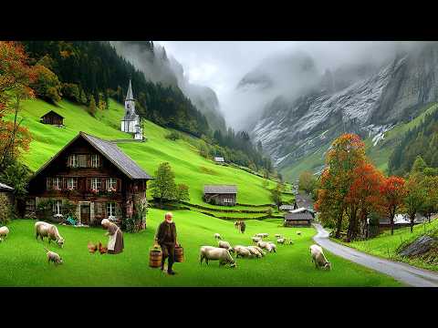 Verregnetes Leben in der Schweizer Provinz: Kühe, Regen und Ruhe. Einsame Dörfer in der Schweiz