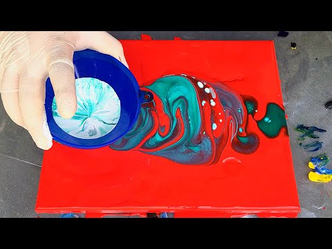 Acrylic Pouring Project Unity #2 - Funnel Pour Red Background Emerald Turquoise Complementary (55)
