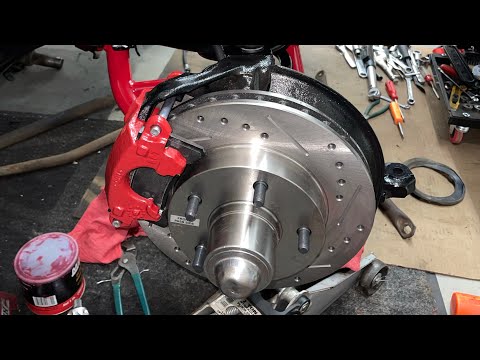 Gbody slotted/drilled rotor, brake pad, & brake caliper install. Power stop brake kit.