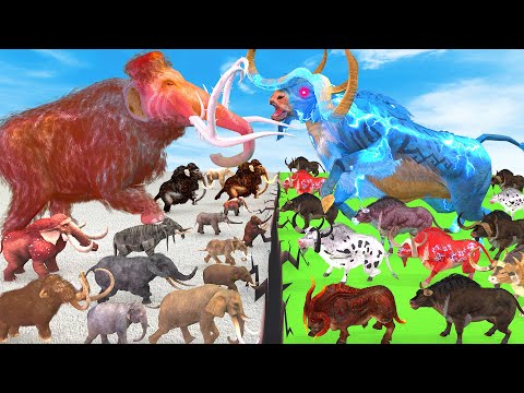 10 Woolly Mammoth Mastodon Elephant  vs 10 Giant Big Bulls Prehistoric Animals Epic Battle Simulator