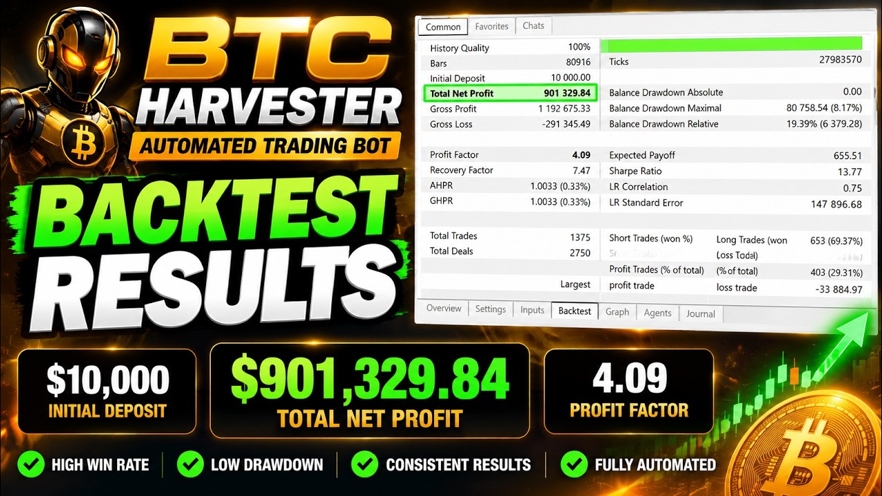 BTC Harvester Backtest: $10,000 to $901K on MT5