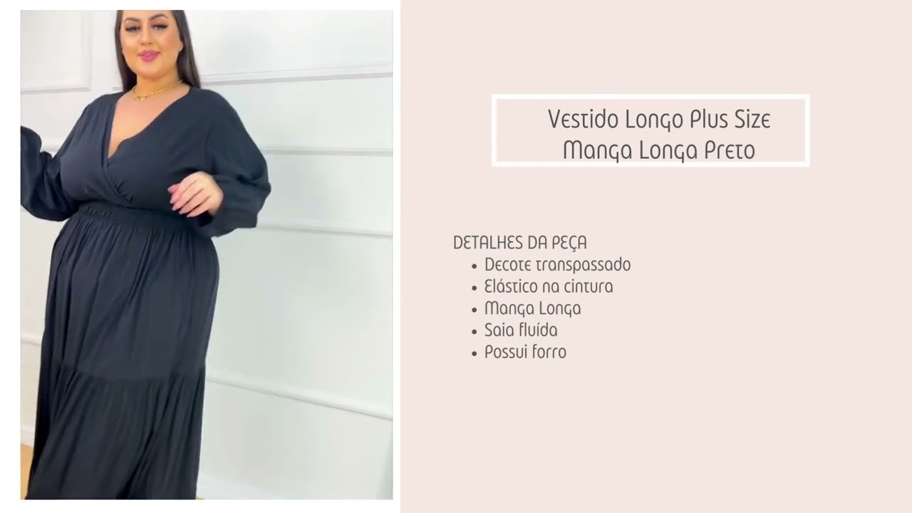 Watch Now Vestido Longo Plus Size Manga Longa Preto Vestido Longo Plus Size Manga Longa Preto