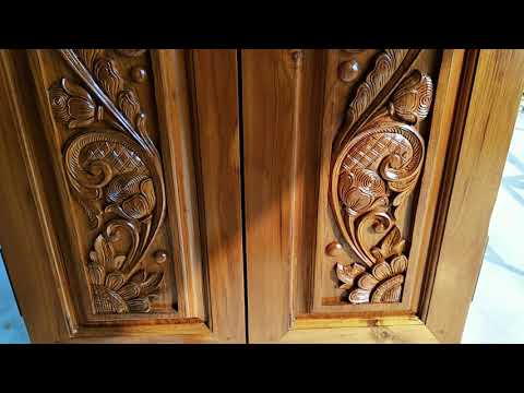 Wood carving double door peacock design Video