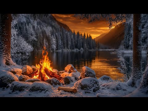 Peaceful Winter Campfire ❄️ Lake Sunset, Crackling Fire & Calming Sleep Ambience