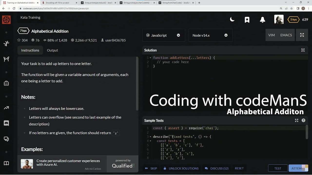 Codewars 7 kyu Alphabetical Addition JavaScript