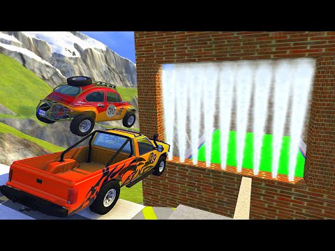 Crazy Vehicle High Speed Jump Through Freeze Smoke Gas Wall In Green Slime Pool - BeamNG drive