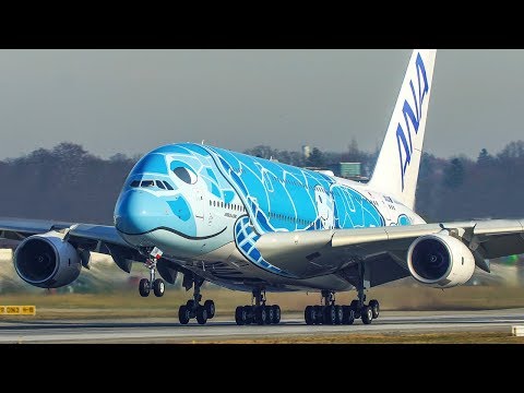 AIRBUS A380 LANDING and DEPARTURE - The TURTLE A380 departs for a TEST FLIGHT (4K)