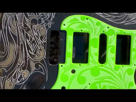 Black Sparkle XGP Stratocaster Style Laser Engraved Guitar Body with Solid Slimer Green Acrylic Pickguard and Tremolo Cover HSH, HSS, SSS Setups Available image 10