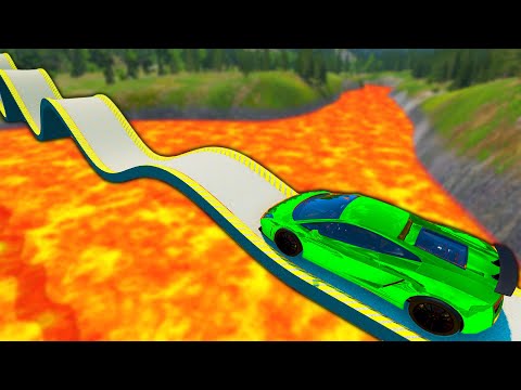 Cars vs Wave Shaped Bridge - Cars vs Lava River - BeamNG.Drive