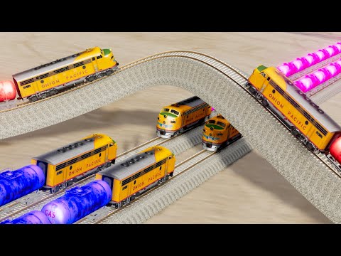 Impossible Weird Overlapping Curved Bridged Rail Tracks Crossover Vs Trains Crossing - BeamNG.Drive