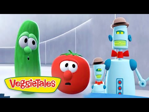 Green cucumber character and red tomato with surprised expressions, alongside two small blue robots wearing hats in a VeggieTales scene