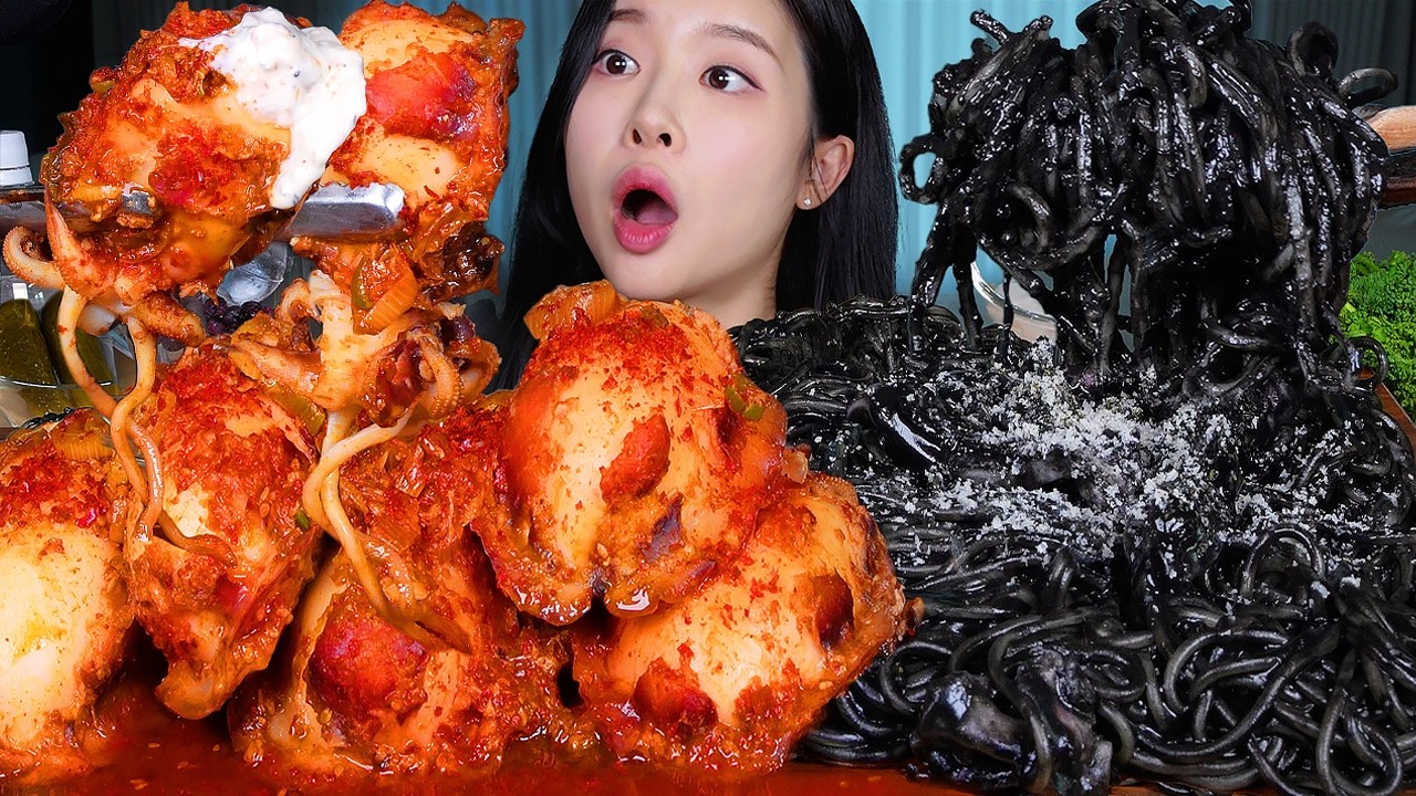 ASMR MUKBANG | 매운갑오징어찜 🔥🦑 꾸덕꼬숩 먹물크림파스타 🖤 먹방! Spicy Braised Cuttlefish & Squid Ink Cream Pas