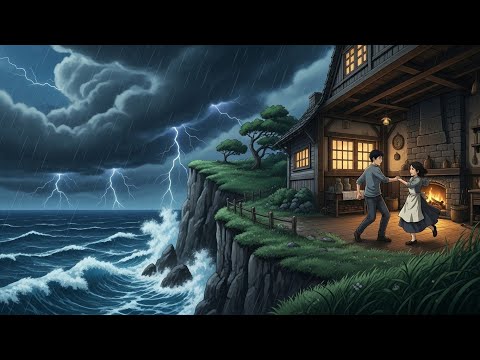 Cliffside House in a Violent Storm | Studio Ghibli Atmosphere