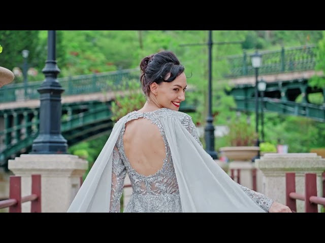 فستان سهره شيفون بأكمام طويله شك من عند الاكتاف الصدر و الخصر