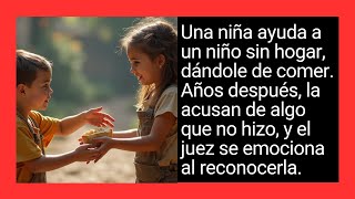 Una niña ayuda a un niño sin hogar, dándole de comer  Años después, la acusan de algo que no hizo, y