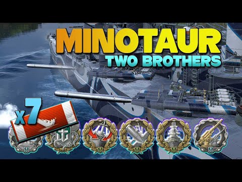 Cruiser Minotaur on map Two Brothers, 7 ships destroyed - World of Warships