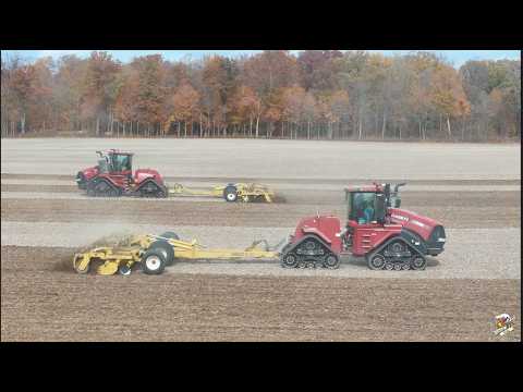 Two Case IH 540 Quad Track Tractors pulling Degelman Pro Till high speed disks in Indiana