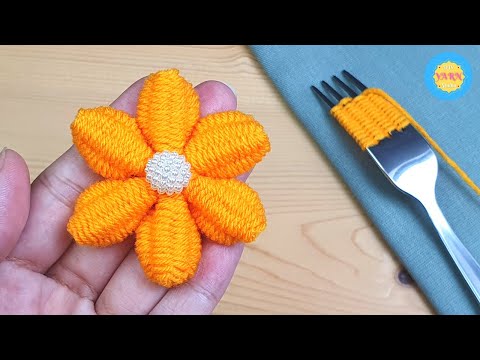 Easy Woolen Flower Making with Fork - Hand Embroidery Design - No Crochet Flower