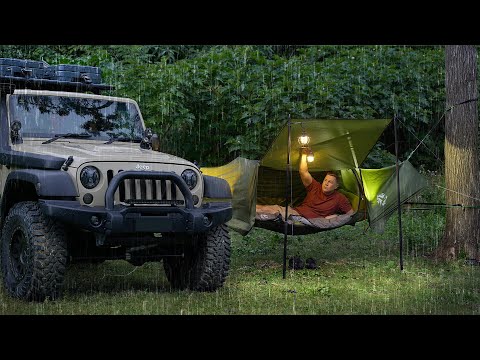 LAYFLAT Hammock Tent camping in the RAIN [ Cozy, Relaxing SOLO trip ]
