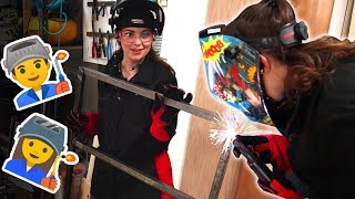 Katelyn wrecks Evan at welding (an outdoor grill cart!)