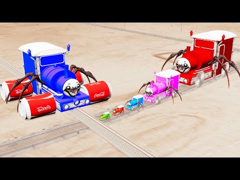 Choo Choo Charles Train Big & Small Saw Wheels Vs Cola Wheels Overlapping Rail Tracks - BeamNG.Drive