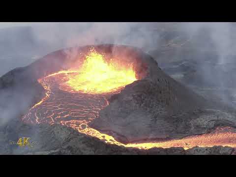 Aerial fly over of Icelandic volcano Fagradalsfjall during 2021...