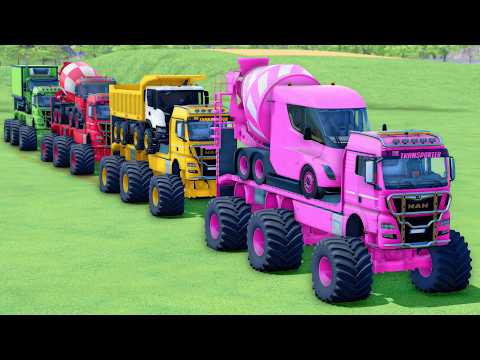 MONSTER FLATBED TRUCK LONG CONVOY TRANSPORT OF COLORS! ALL  MIXER TRUCK, SCANIA, VOLVO, TESLA - FS25