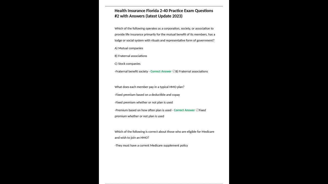 Health Insurance Florida 2 40 Practice Exam Questions #2 with Answers latest Update 2025
