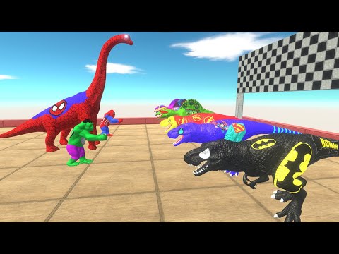 SUPERMAN, BATMAN, FLASH T-REX SUPER SPEED RACE COUPLE DEATH FALL - Animal Revolt Battle Simulator