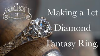 Making a bespoke 1ct diamond engagement ring with unique ethereal stag engraving.