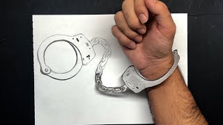 3D handcuff illusion drawing on paper - trick art
