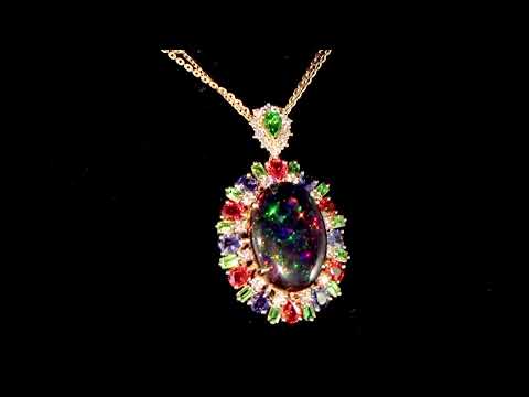 18k Rose Gold 8.86ct Black Opal with Multicolor Gemstone Pendant Necklace