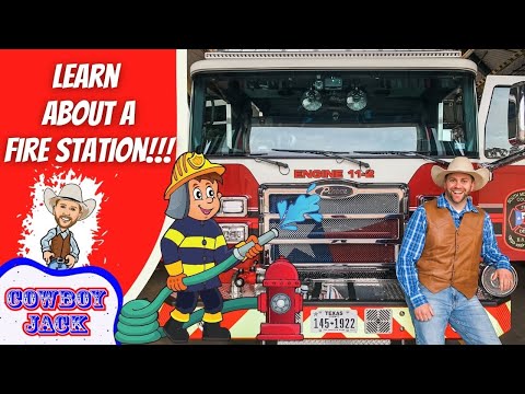 Cowboy Jack standing beside a red fire engine inside a fire station, with bold 'Learn About a Fire Station' text on a red panel and cartoon firefighter character nearby.