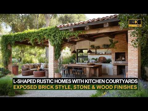L-Shaped Rustic Homes with Central Kitchen Courtyards and Exposed Brick, Stone & Wood Finishes