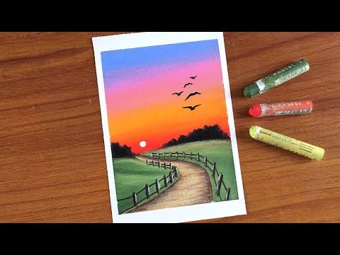 Easy Oil Pastel Sunset Scenery Painting for beginners | PATHWAY IN SUNSET | Oil Pastel Drawing