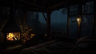 Warm Cabin Comfort with Rain and Fireplace | Calm Rainy Night Sounds for Relaxation