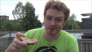Eating a Finnish picnic for dinner including Salmon, Rye bread and Beer in Kimito, Finland